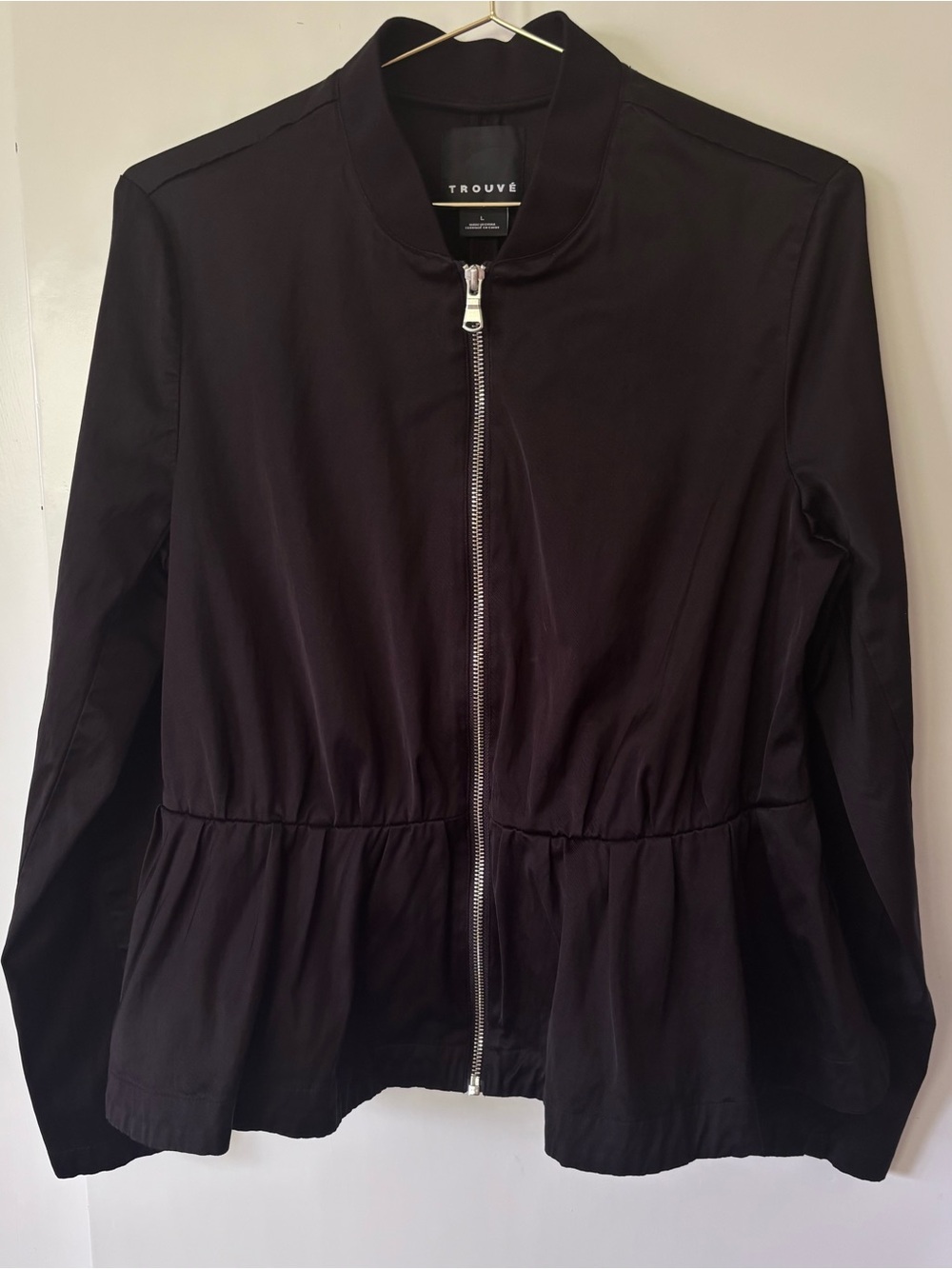 Trouve| Black Zip-Front Peplum Bomber Jacket Sz L